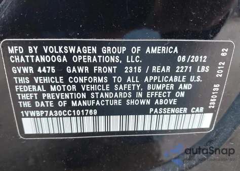 2012 Volkswagen Passat 2.5L Se from USA, damaged, VIN 1VWBP7A30CC101769